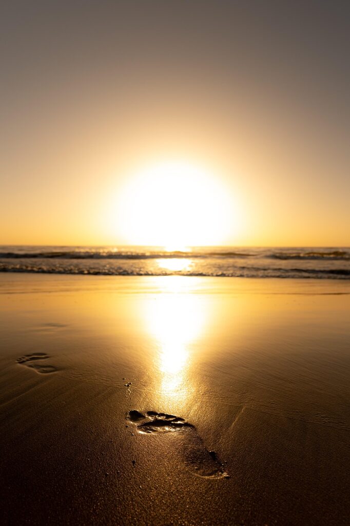 beach, sand, foot print, spain, canary islands, lanzarote, foot, sunrise, waves, sea, nature, horizon